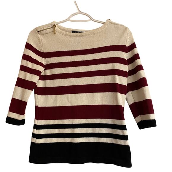 Karen Scott Cotton Striped Petite 3/4 Sleeve Sweater with Shoulder  Zippers Cozy - Picture 1 of 4